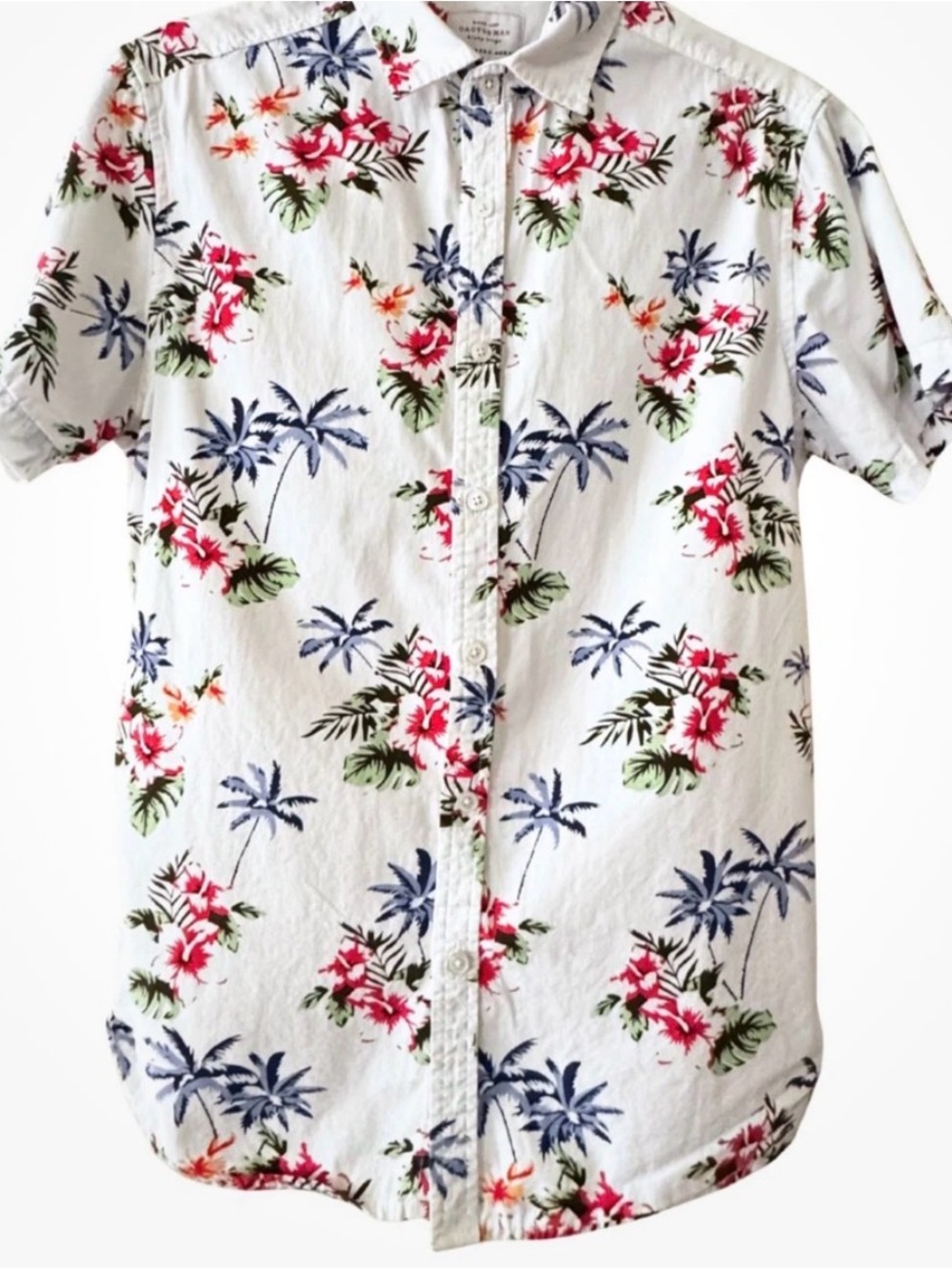 Denim & Flower Ricky Singh Slim Fit White Tropical Print Button Up Shirt Mens M
